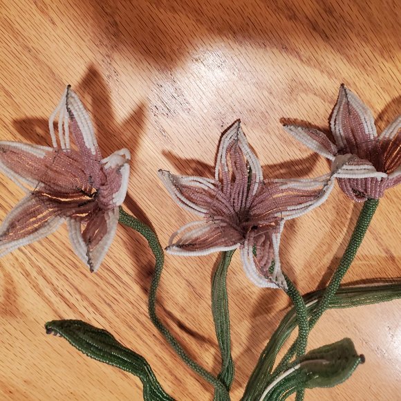Vintage French Glass Beaded Flowers & Vase in Pink/White/Yellow. Bouquet 18"w. - Picture 3 of 11